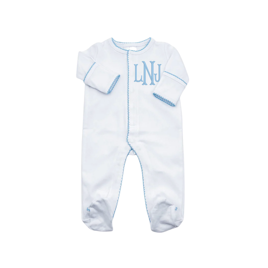 White w/ Blue Picot Trim Footie