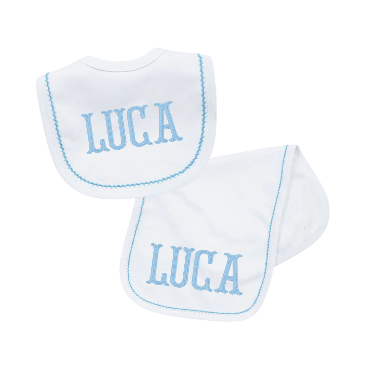 White w/ Blue Picot Trim Bib & Burp Cloth Set