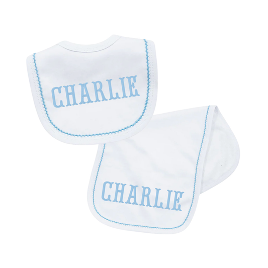 White w/ Blue Picot Trim Bib & Burp Cloth Set