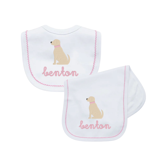 White w/ Pink Picot Trim Bib & Burp Cloth Set