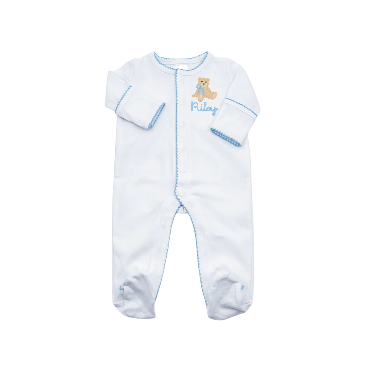 White w/ Blue Picot Trim Hat Footie