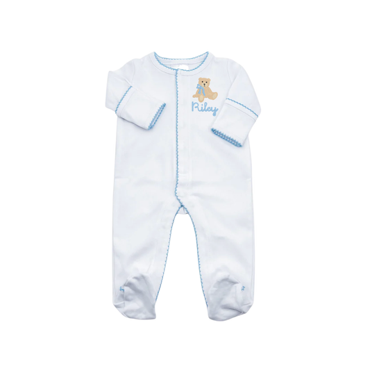 White w/ Blue Picot Trim Hat Footie