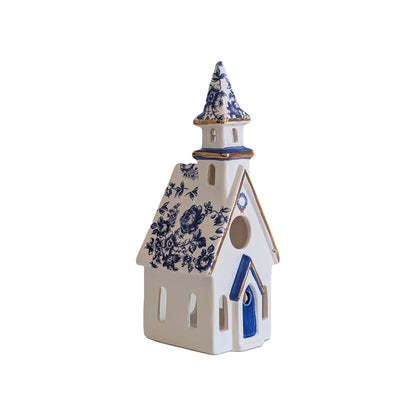 Blue and White Toile Christmas Village 3-Piece Set with 22K Gold Accents