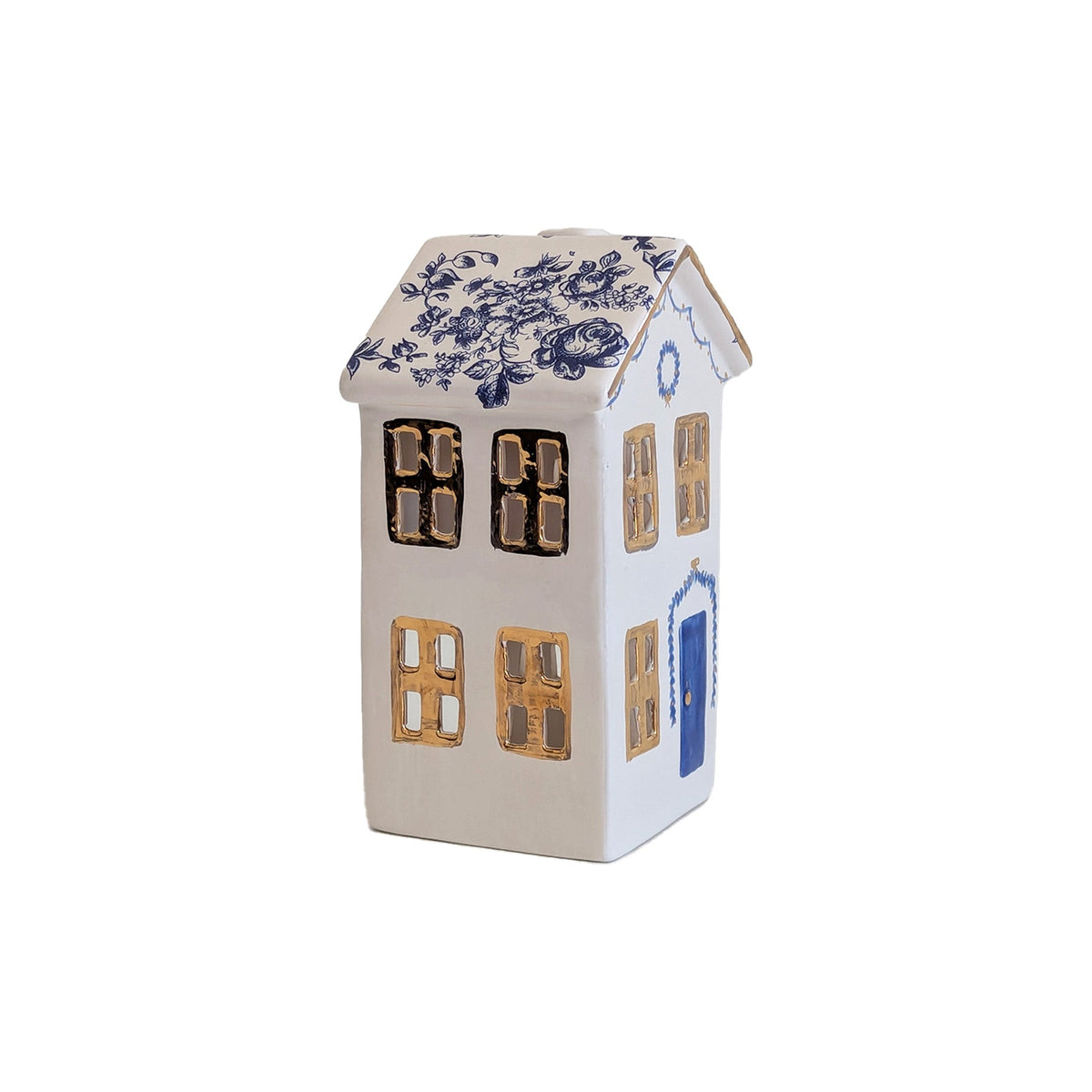 Blue and White Toile Christmas Village 3-Piece Set with 22K Gold Accents