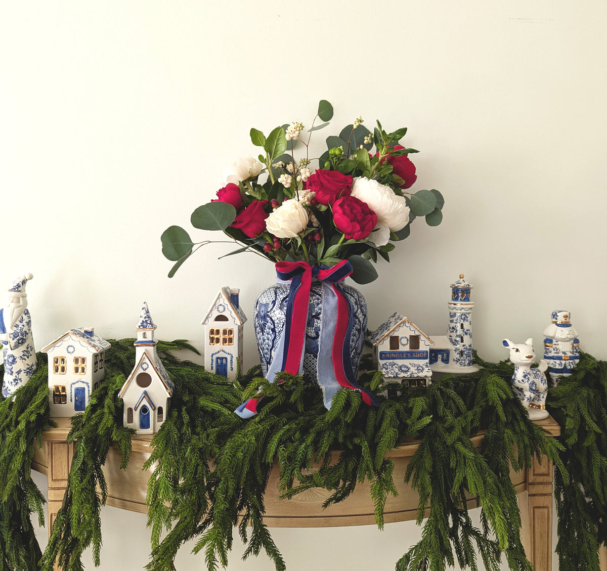 Blue and White Toile Christmas Village 3-Piece Set with 22K Gold Accents